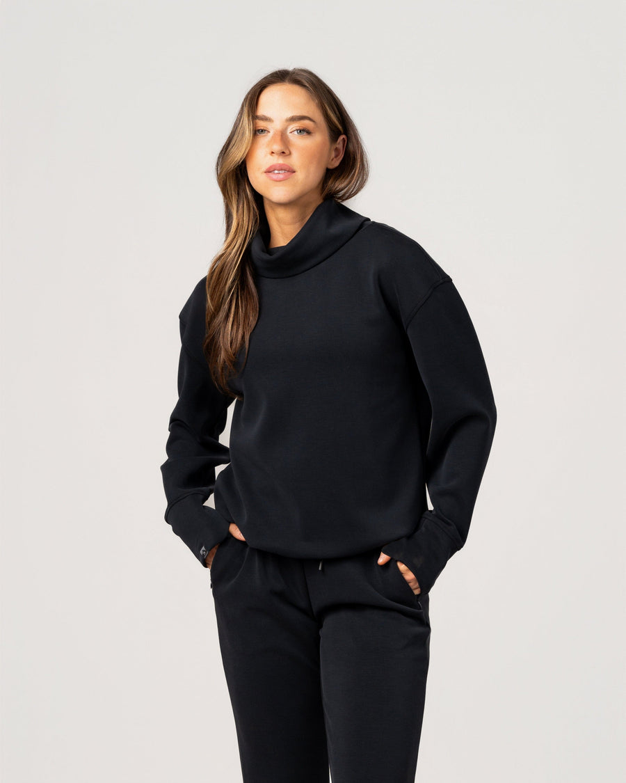 BLACK COMFORT ZONE FUNNEL NECK TOP
