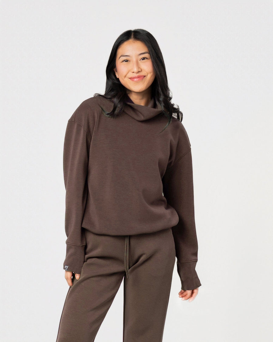 CHOCOLATE COMFORT ZONE FUNNEL NECK TOP
