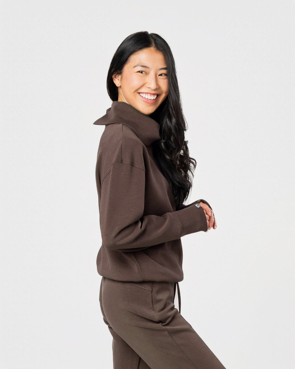CHOCOLATE COMFORT ZONE FUNNEL NECK TOP
