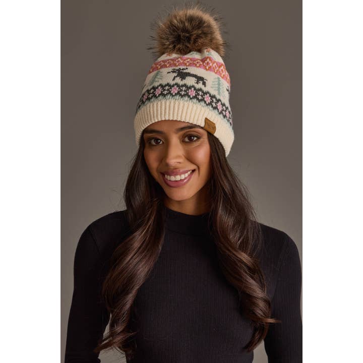 IVORY WINTER DEER SCENE POM HAT