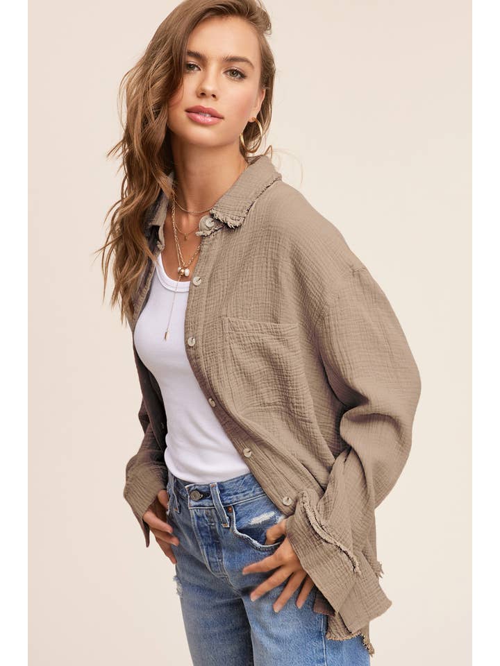 FEEL GOOD KHAKI GAUZE BOYFRIEND SHIRT

