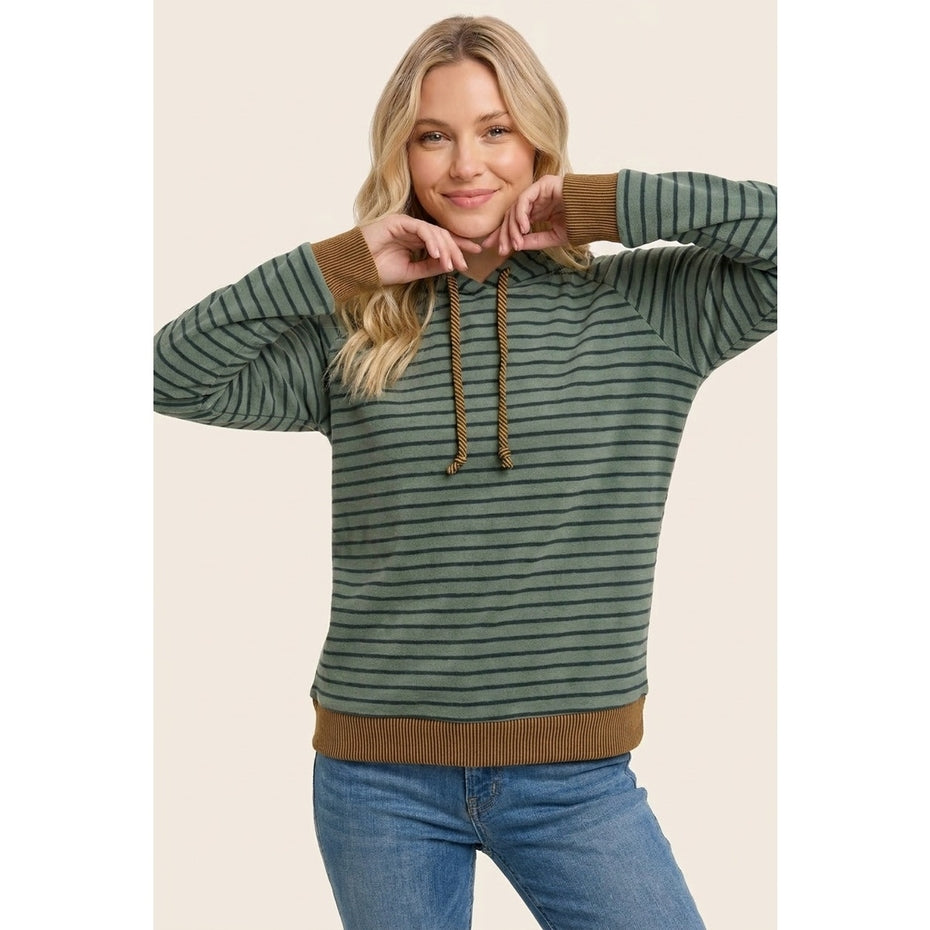 OLIVE STRIPE MICRO BRUSHED KNIT HOODIE