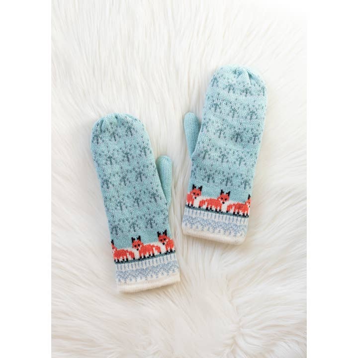 LIGHT BLUE FOX PATTERN MITTENS
