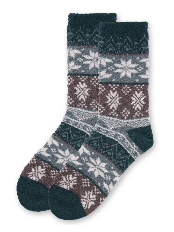 DUSTY TEAL SNOWFLAKE FAIR ISLE CREW SOCKS