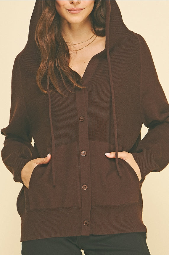 ESPRESSO HOODED BUTTON DOWN CARDIGAN