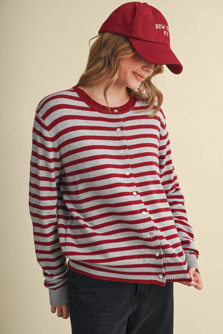 MAROON CAMPUS STRIPE CARDIGAN