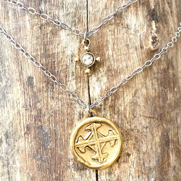 TWO TONE DOUBLE CROSS CHAIN NECKLACE