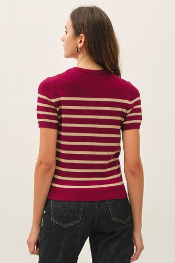 VIOLA WINE STRIPE SHORT SLEEVE SWEATER