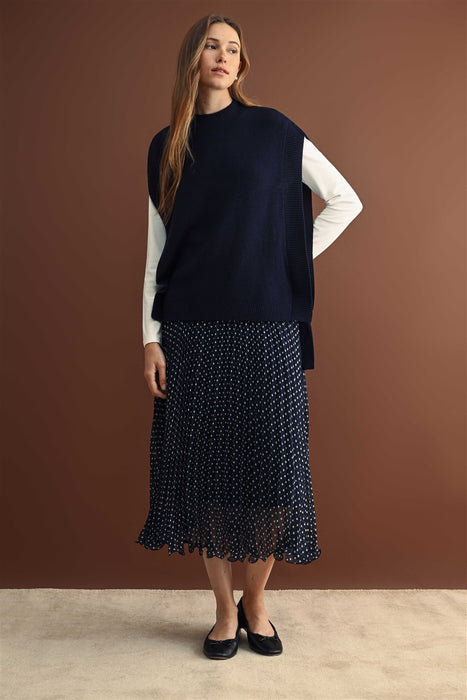 NAVY PLEATED POLKA DOT SKIRT