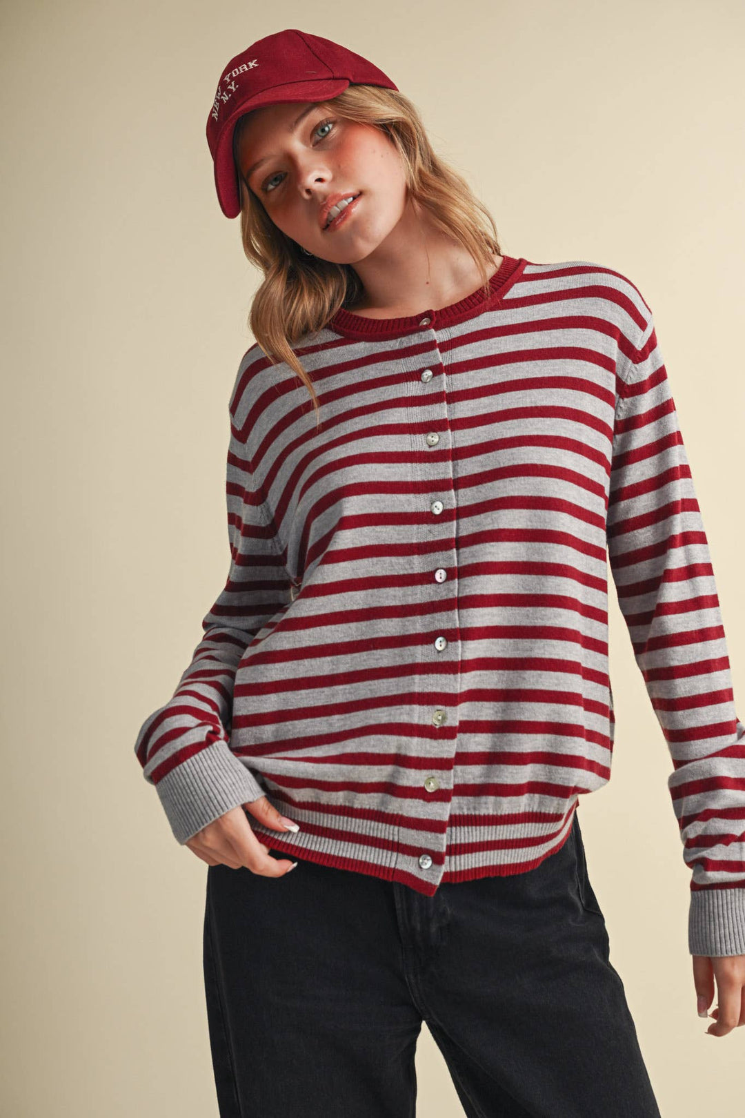 MAROON CAMPUS STRIPE CARDIGAN
