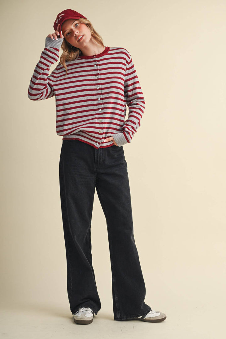 MAROON CAMPUS STRIPE CARDIGAN