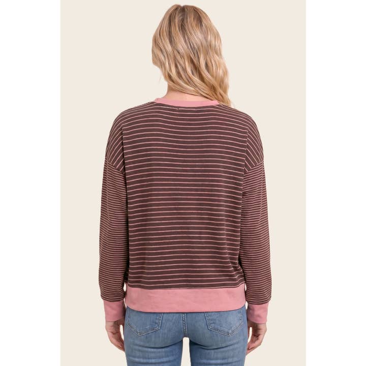 PINK MICRO BRUSHED STRIPE CREW SWEATSHIRT