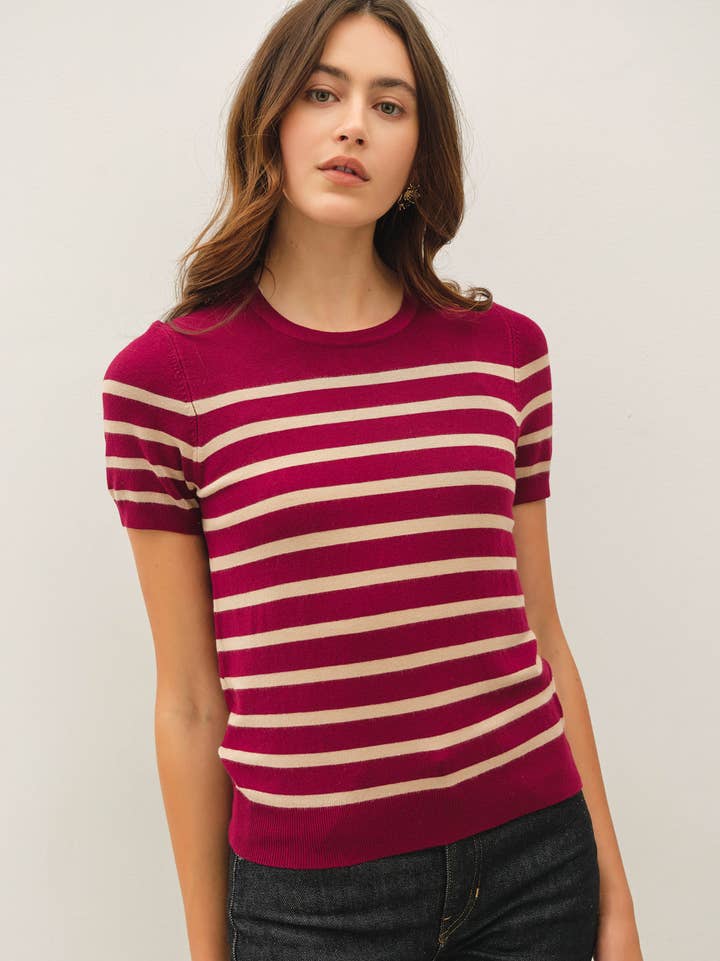 VIOLA WINE STRIPE SHORT SLEEVE SWEATER