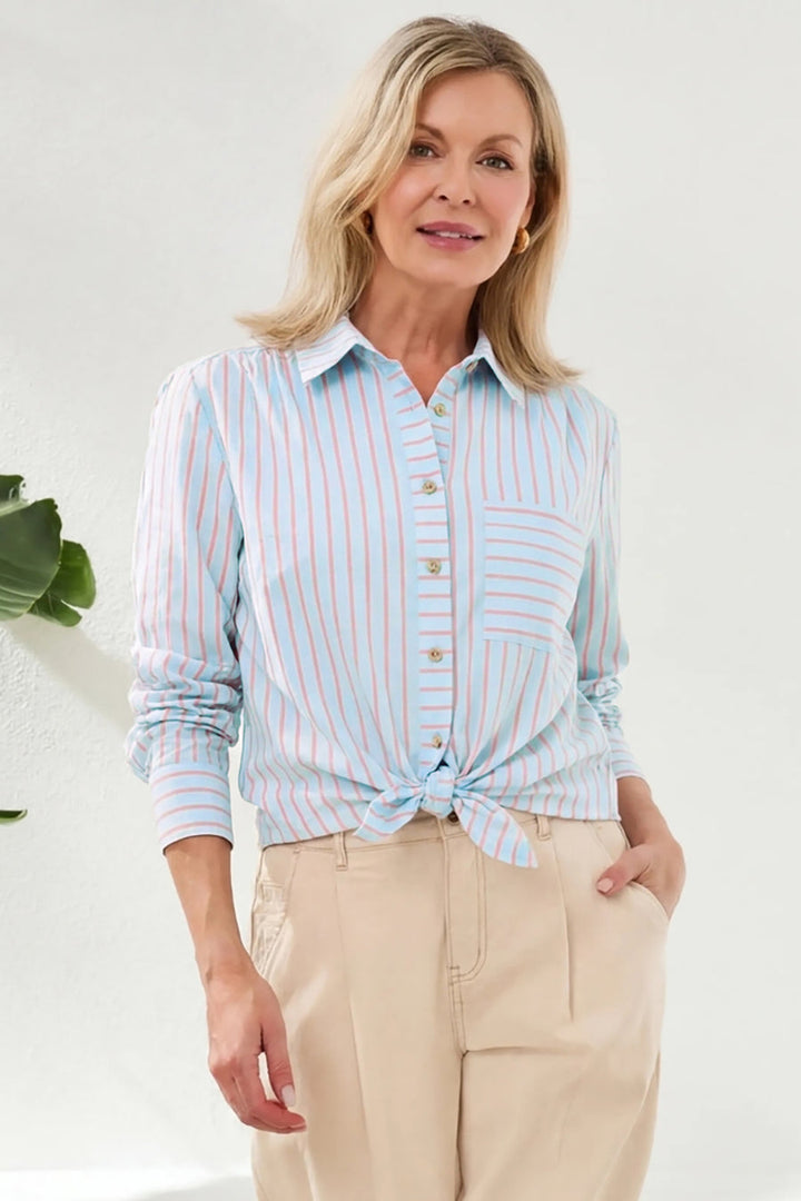 CHAMBRAY STRIPE LONG SLEEVE BUTTON FRONT SHIRT