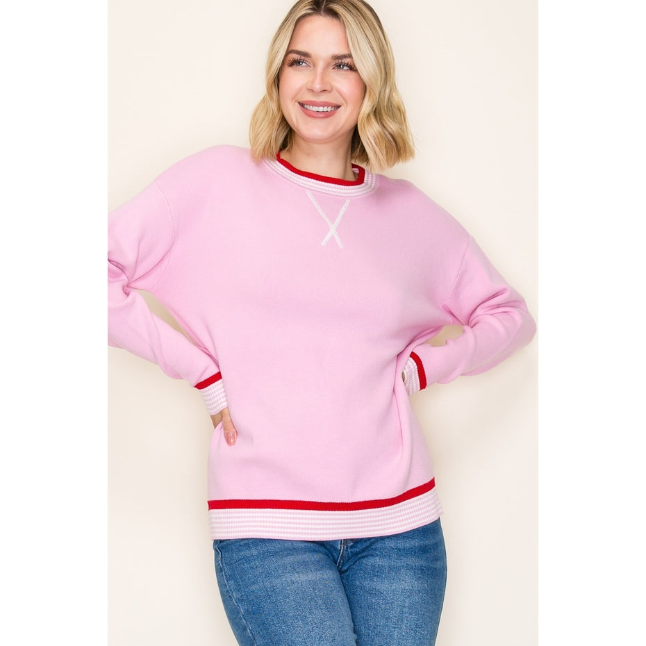 PINK VARSITY TRIMMED SWEATER
