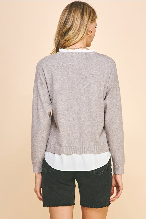 CARALYNN HEATHER GREY V-NECK COMBO SWEATER TOP