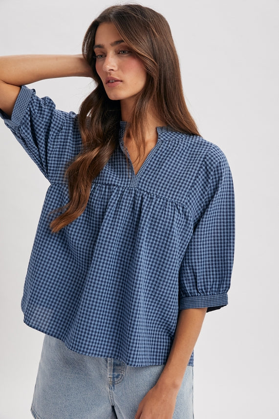 DENIM GINGHAM CHECK RUFFLE NECK TOP