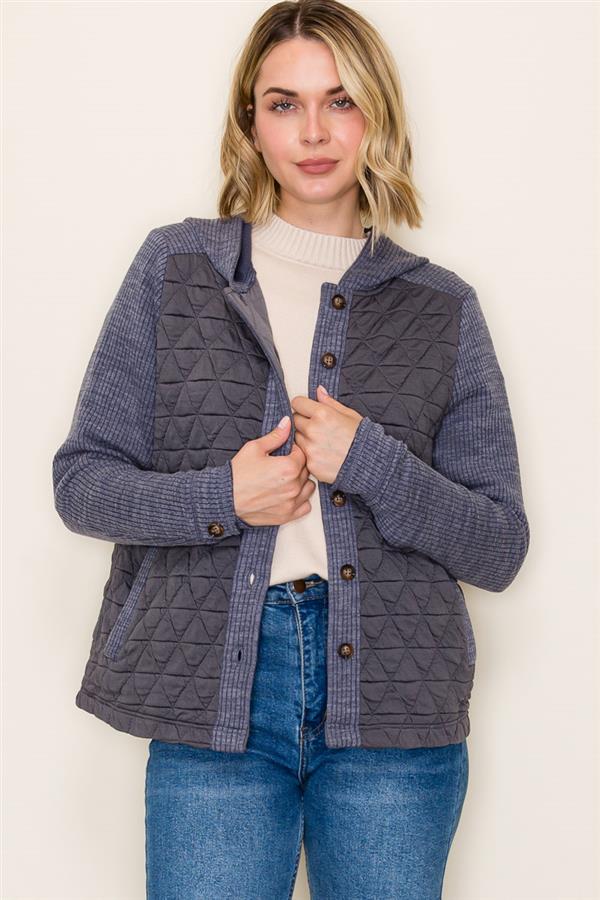 FAYE CHARCOAL HOODED QUILTED KNIT JACKET
