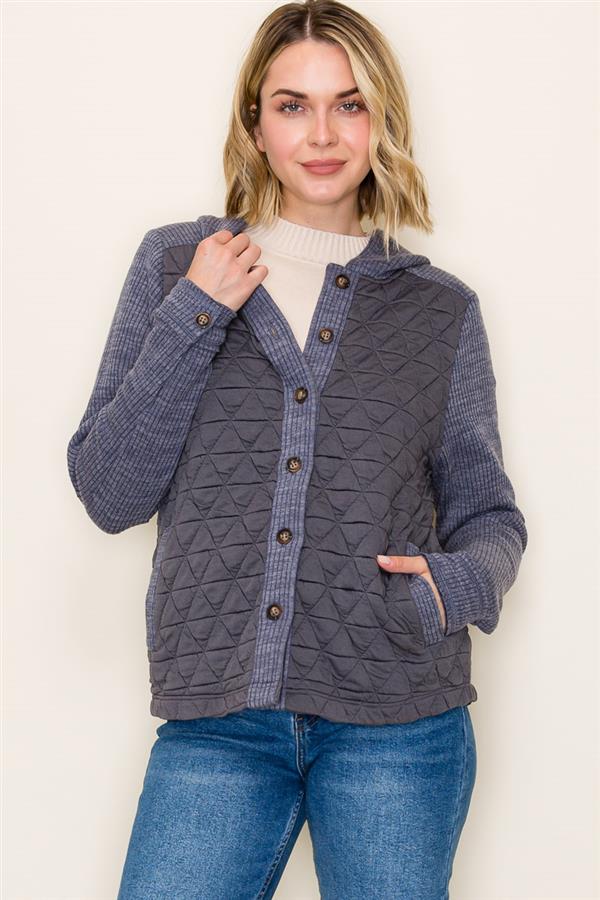 FAYE CHARCOAL HOODED QUILTED KNIT JACKET
