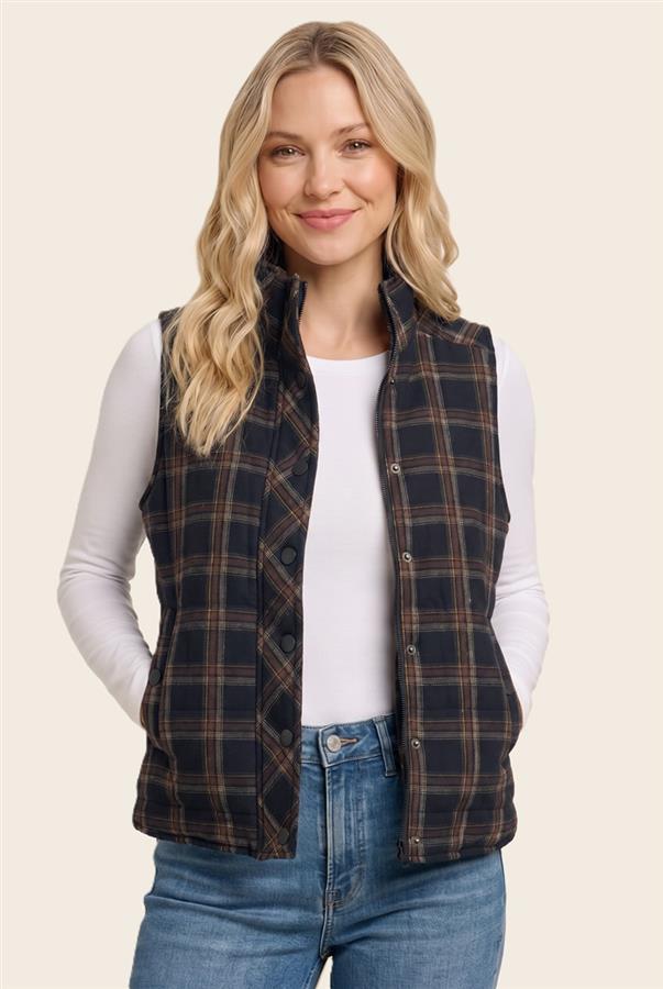 NAVY PLAID MOCK NECK VEST
