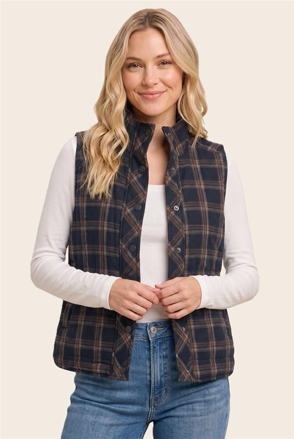 NAVY PLAID MOCK NECK VEST