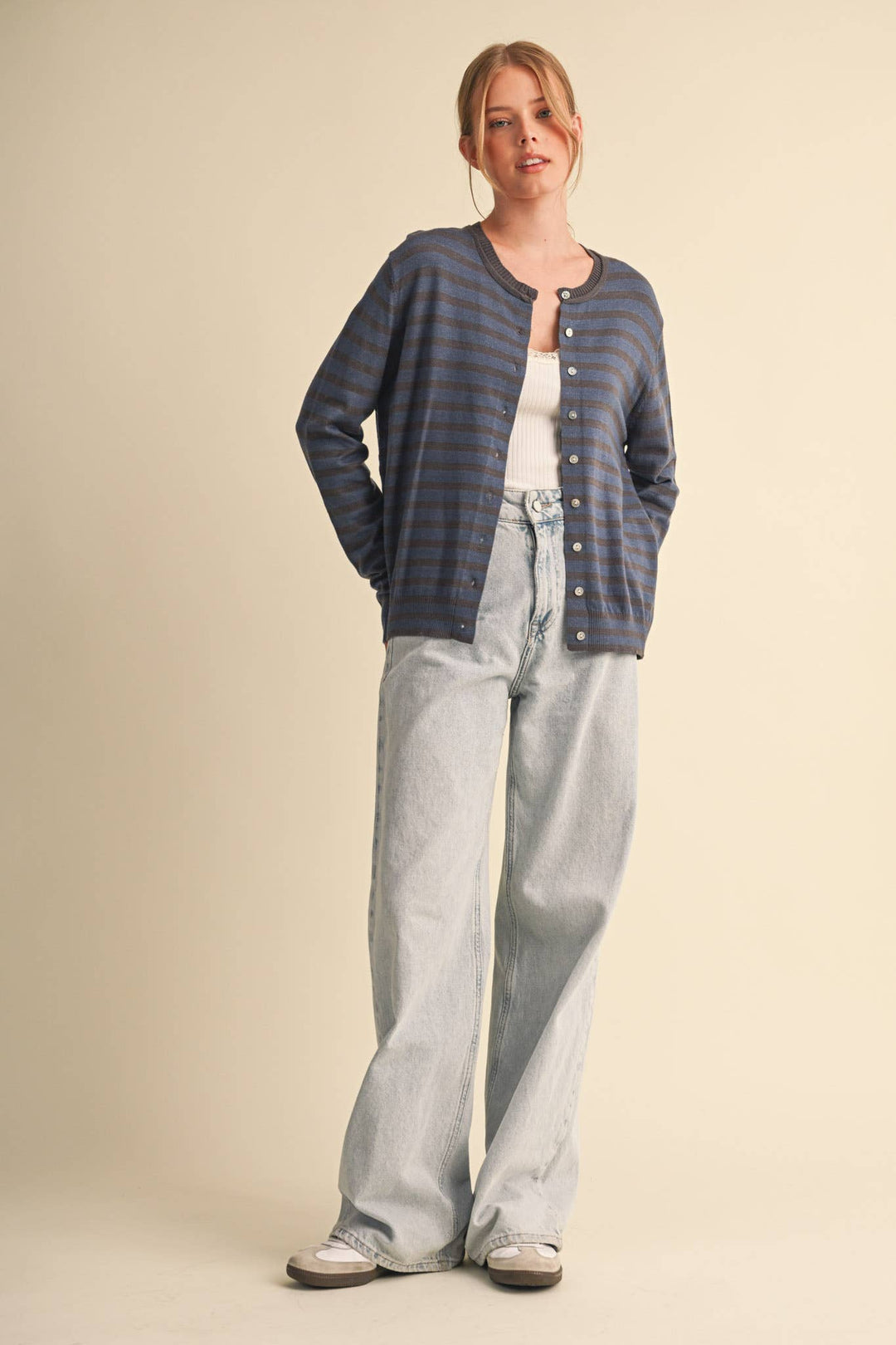 DENIM CAMPUS STRIPE CARDIGAN