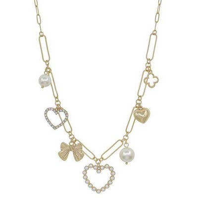 BRIE GOLD BOW & HEARTS CHARM NECKLACE