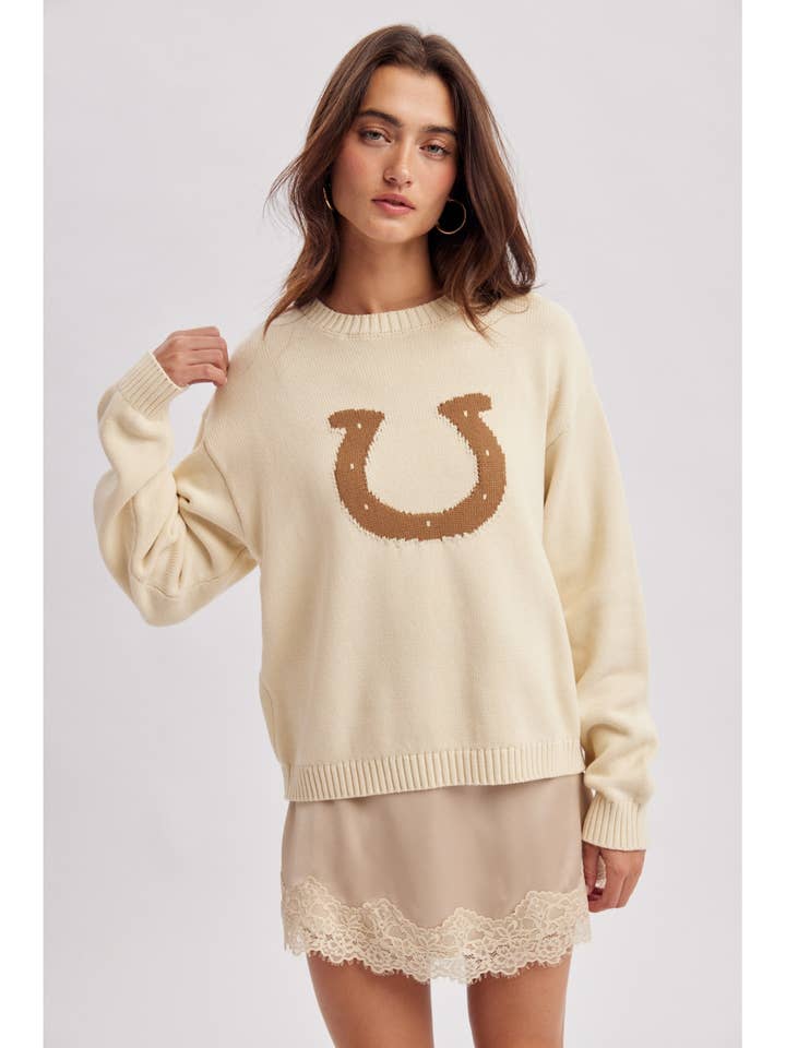 CREAM HORSESHOE CREW NECK SWEATER
