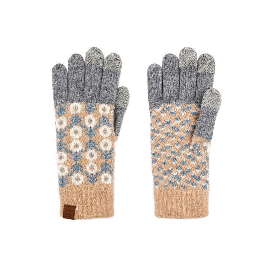 GREY & TAN JACQUARD WOOL KNIT GLOVES
