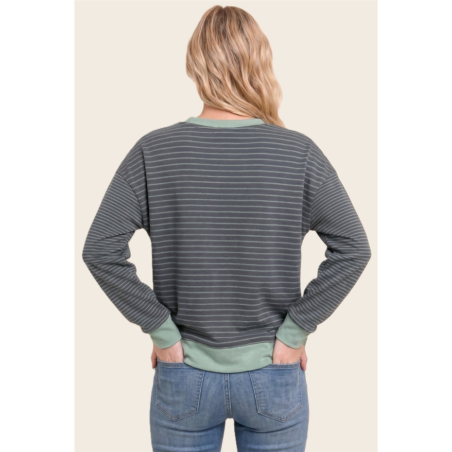 SAGE MICRO BRUSHED STRIPE CREW SWEATSHIRT