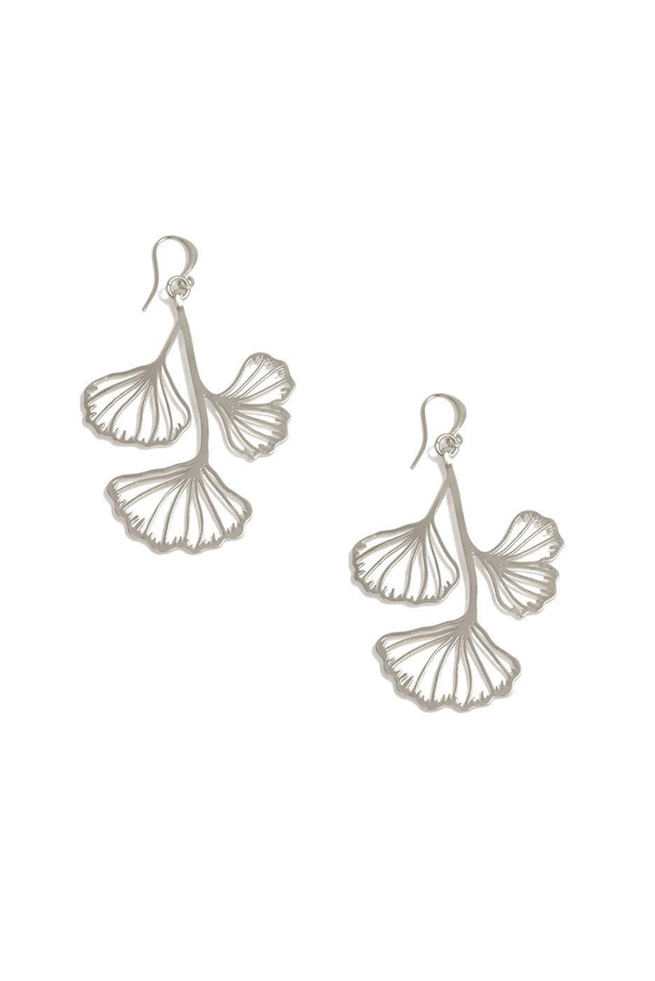 SILVER GINGKO FLOWER DANGLE EARRINGS
