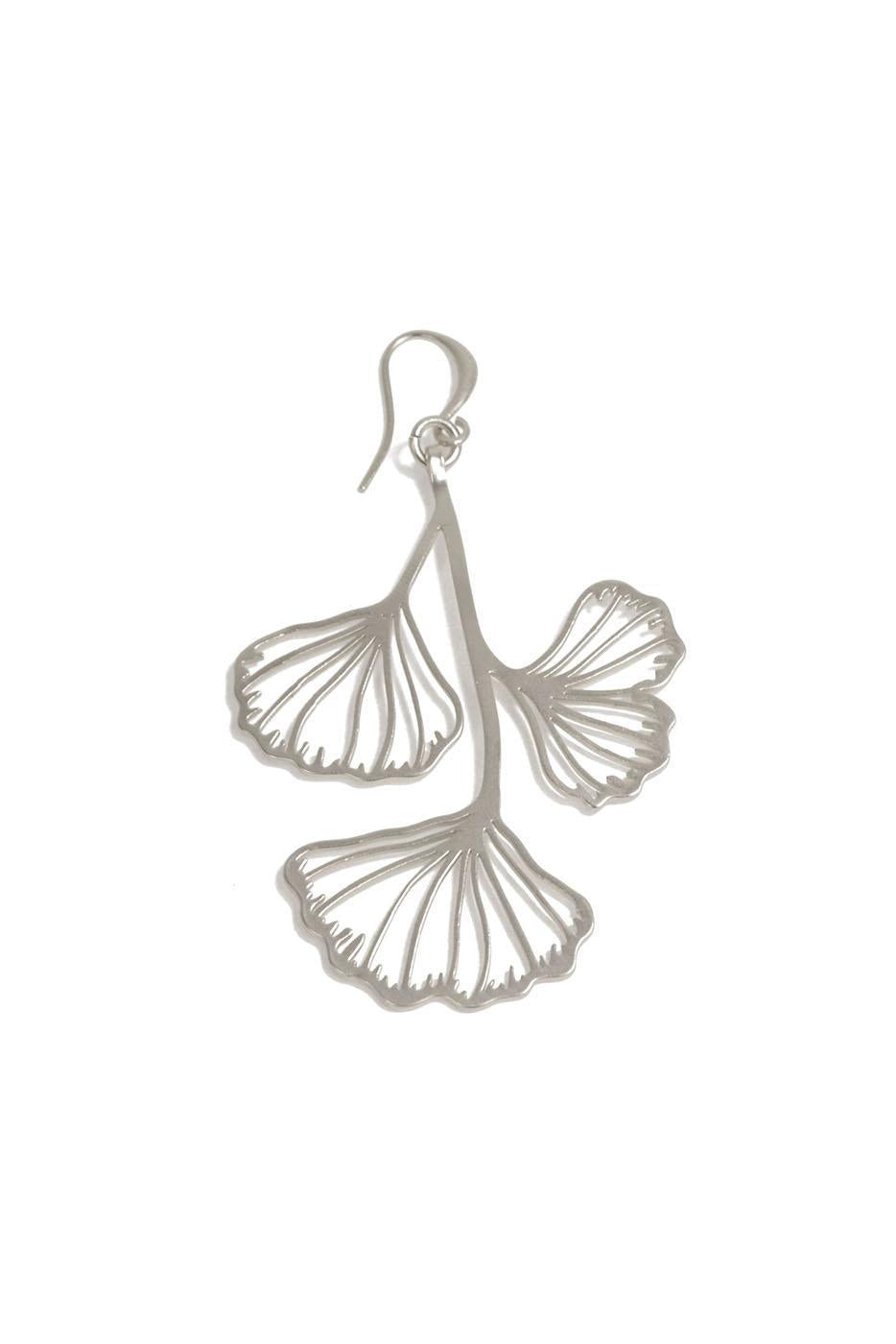 SILVER GINGKO FLOWER DANGLE EARRINGS