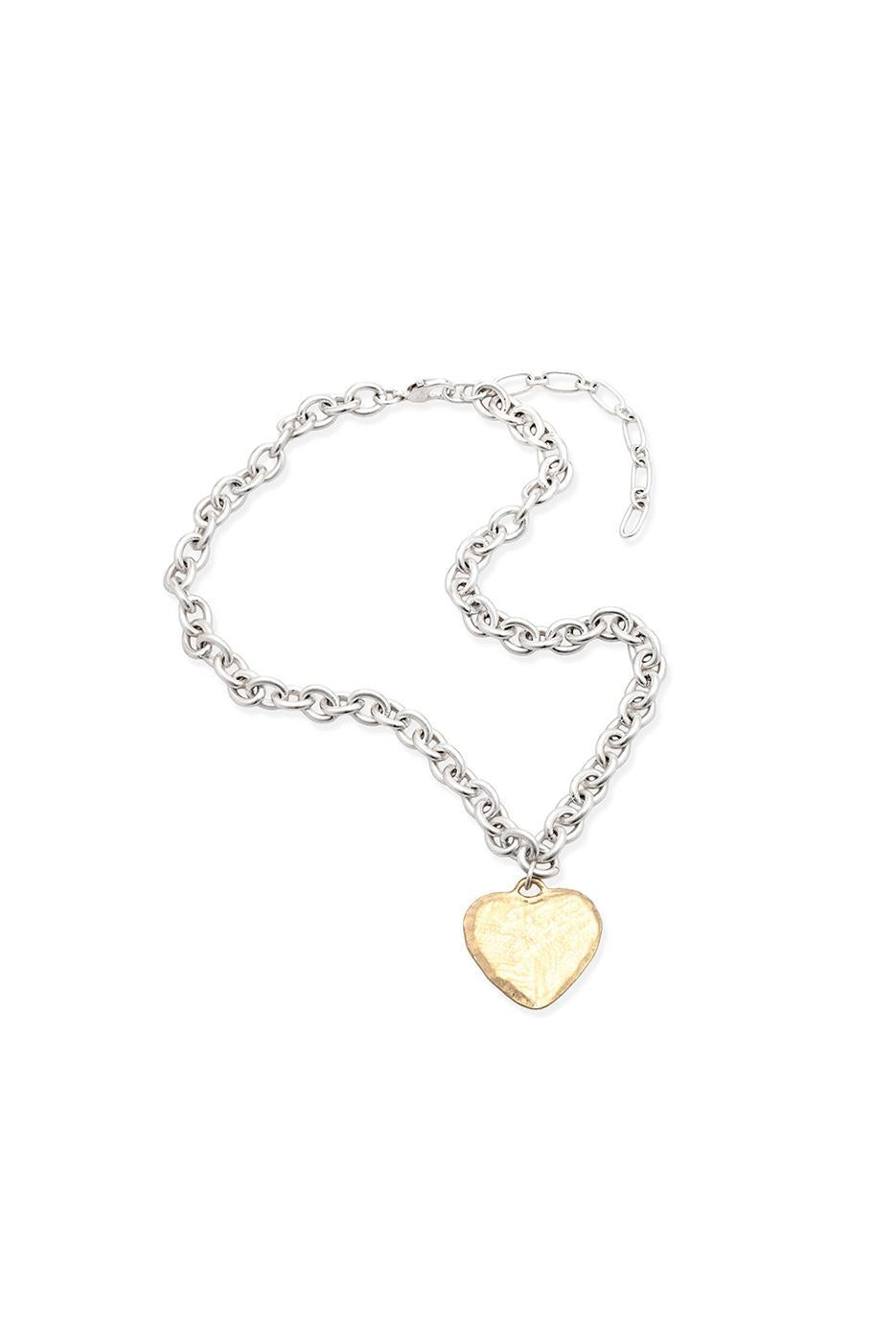 MIXED METAL HAMMERED HEART PENDANT NECKLACE