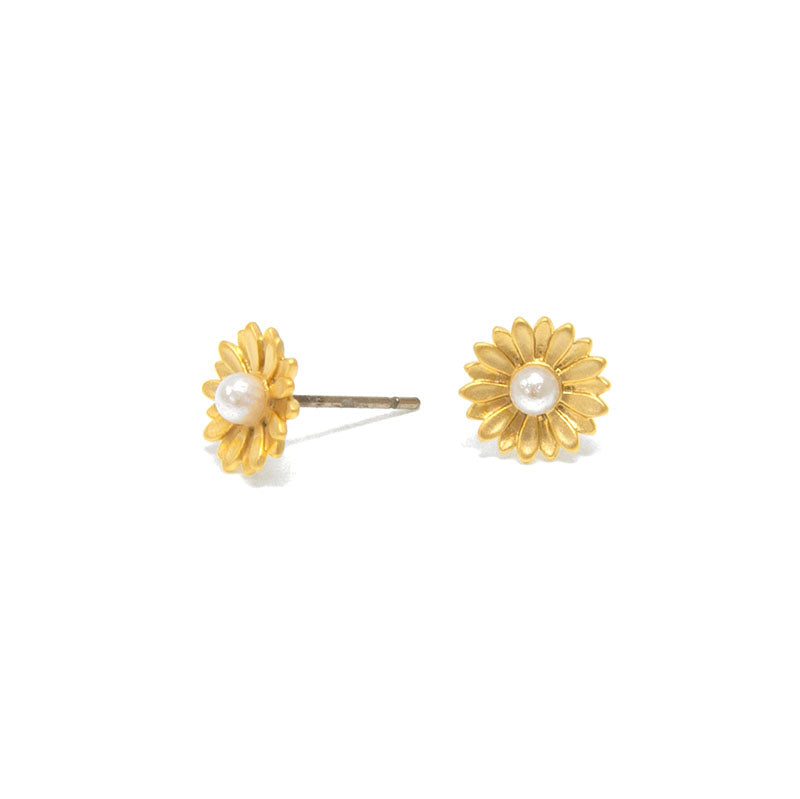 GOLD SUNFLOWER WITH PEARL POST EARRINGS

