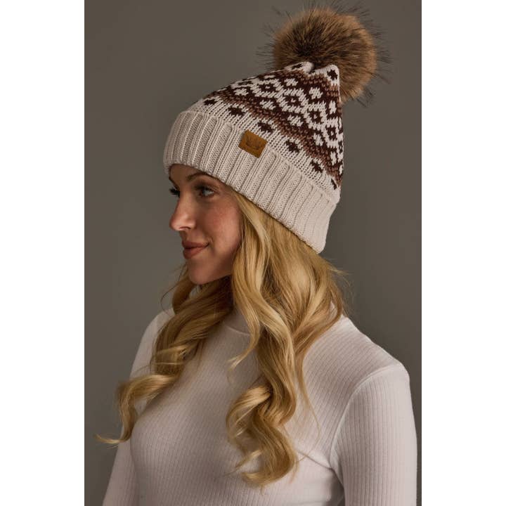 TAUPE, BROWN & MOCHA PATTERNED POM HAT