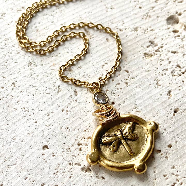 GOLD DRAGONFLY CZ PENDANT NECKLACE