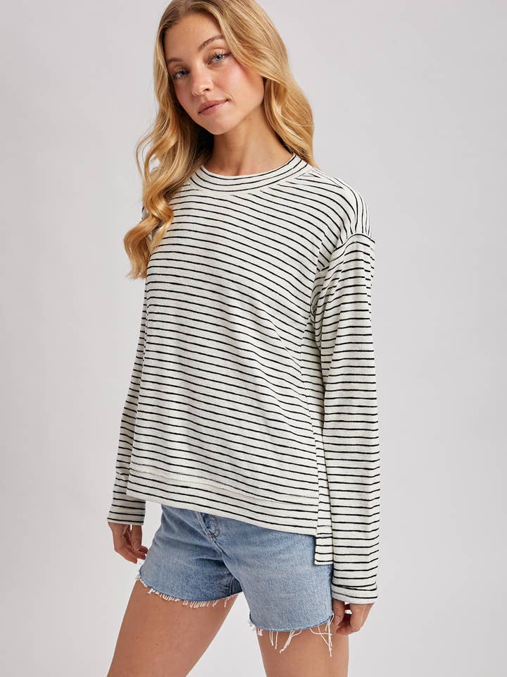 BARELY BASIC IVORY &  BLACK STRIPE RELAXED FIT KNIT TOP