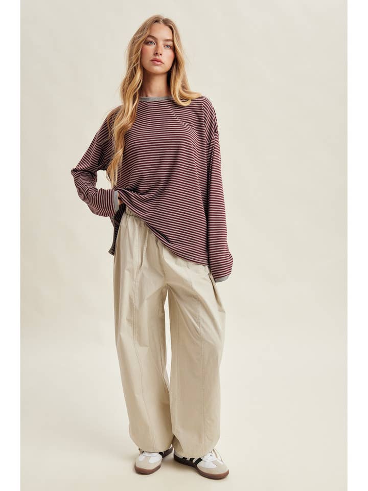 BURGUNDY & HEATHER GREY STRIPE EASY FIT KNIT TOP