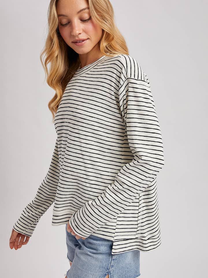 BARELY BASIC IVORY &  BLACK STRIPE RELAXED FIT KNIT TOP
