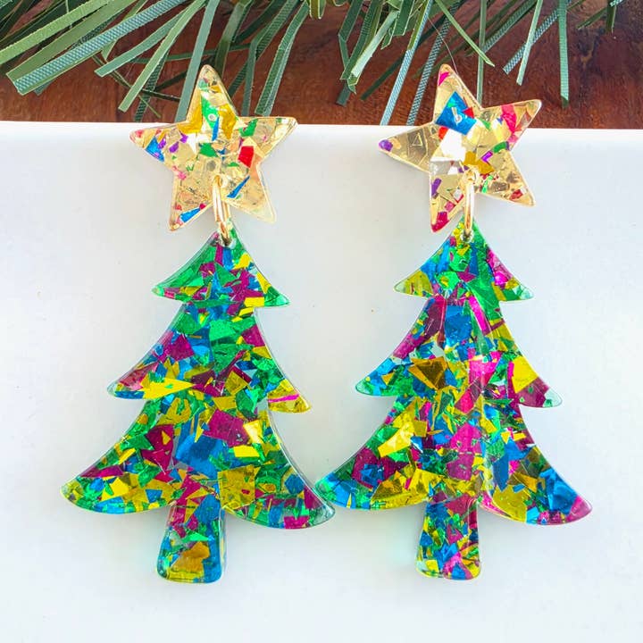 GREEN TINSEL GLITTER CHRISTMAS TREE EARRINGS
