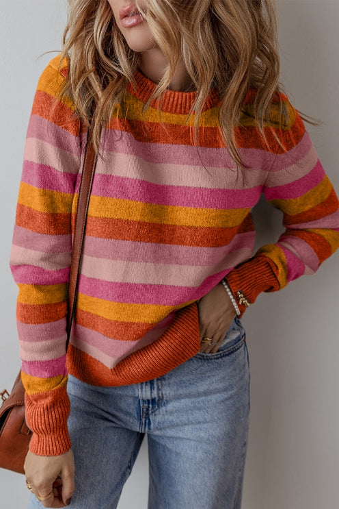 PINK MULTI STRIPE CREW SWEATER