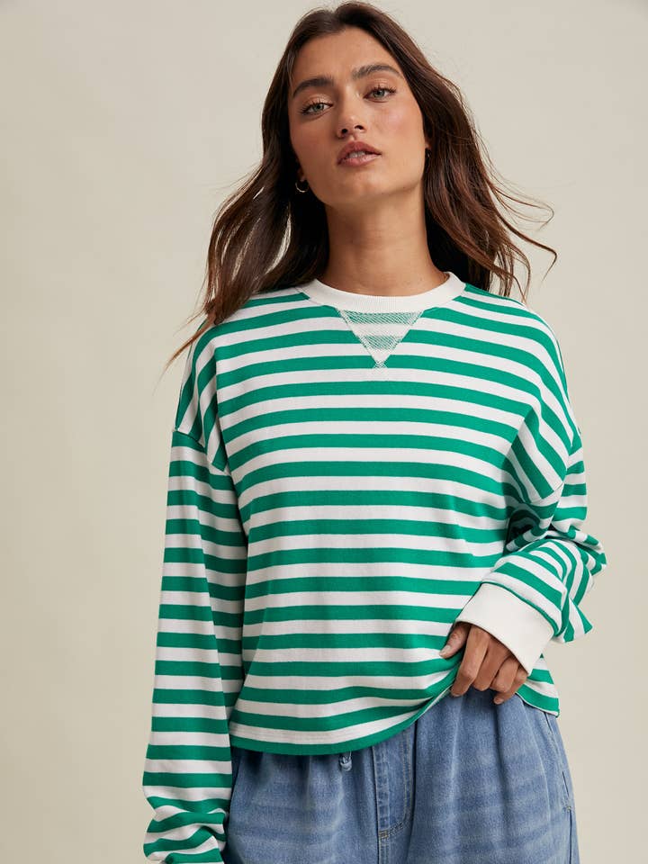 GREEN & WHITE FREE TIME CREW NECK TOP