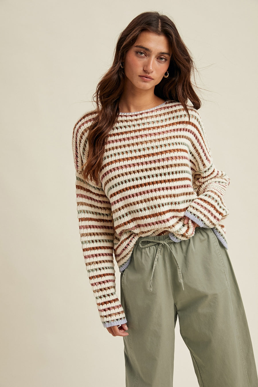 CARAMEL STRIPE CROCHET SWEATER
