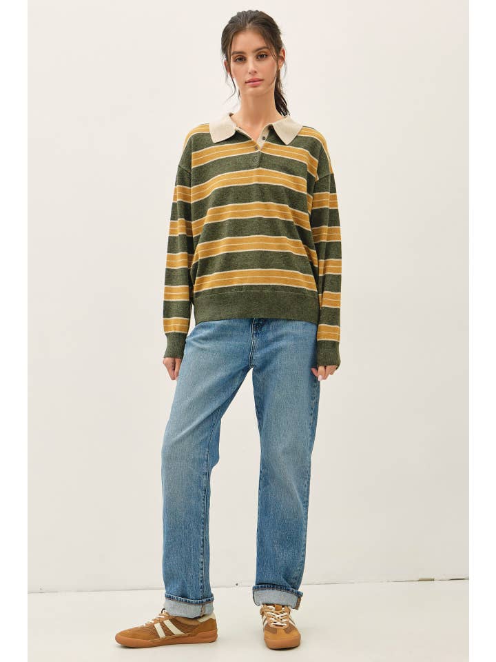 HUNTER GREEN & GOLD STRIPE POLO COLLAR SWEATER