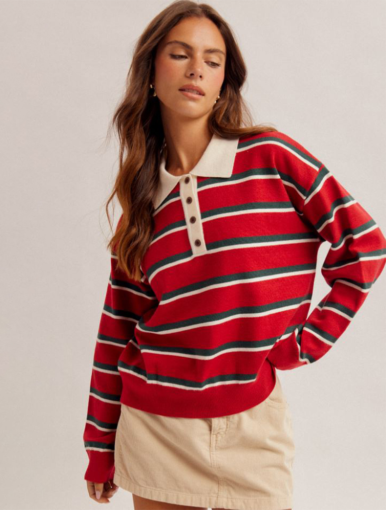CRIMSON STRIPE POLO COLLAR SWEATER
