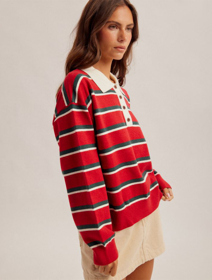 CRIMSON STRIPE POLO COLLAR SWEATER