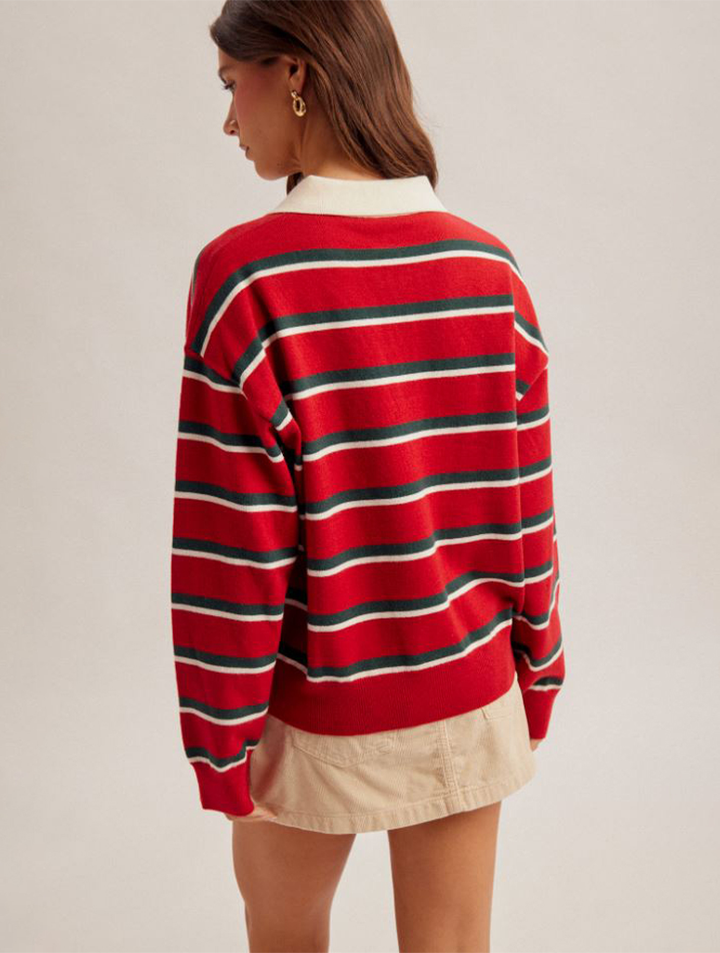 CRIMSON STRIPE POLO COLLAR SWEATER
