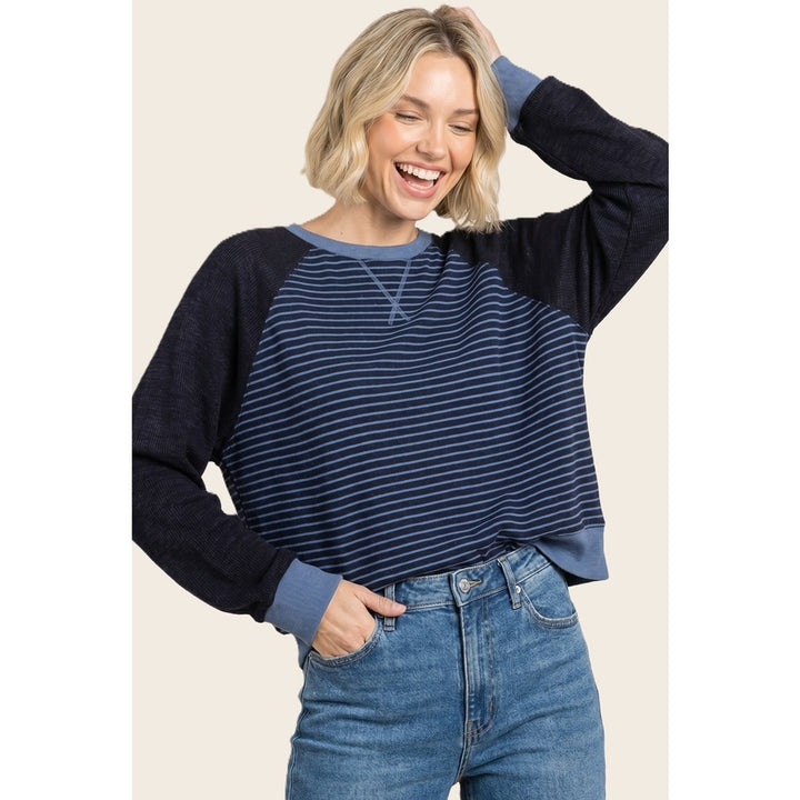 BLUE COLORBLOCK STRIPE CREW SWEATSHIRT