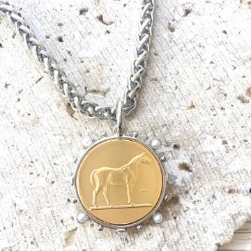 MIXED METAL EQUESTRIAN COIN PENDANT NECKLACE
