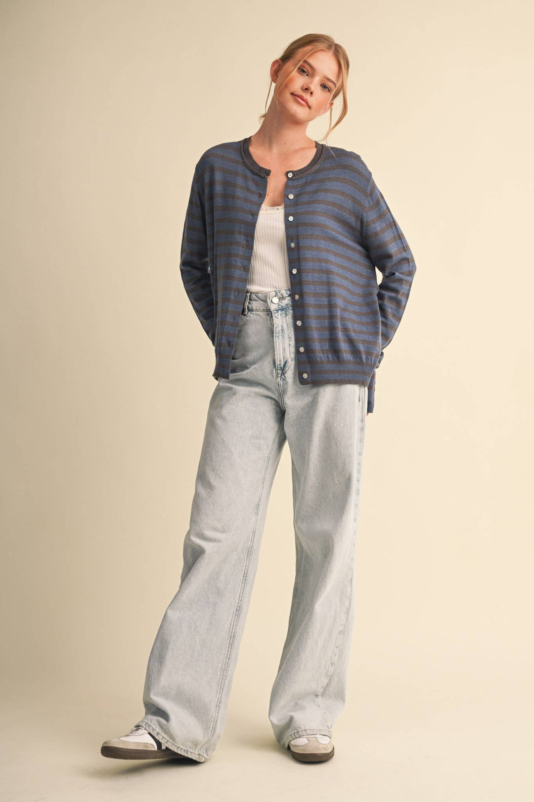 DENIM CAMPUS STRIPE CARDIGAN